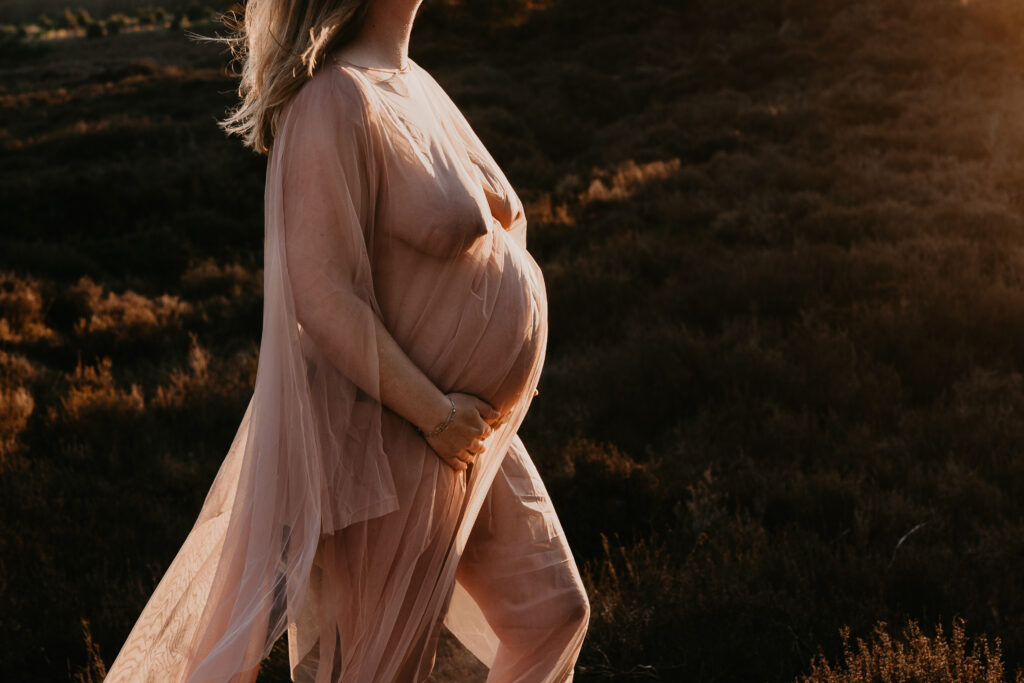 Op de heide een zwangerschapsshoot tijdens golden hour